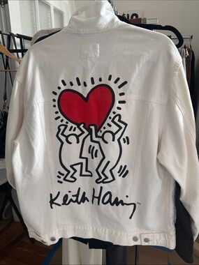 H&M White denim oversized jacket w Keith harin in back